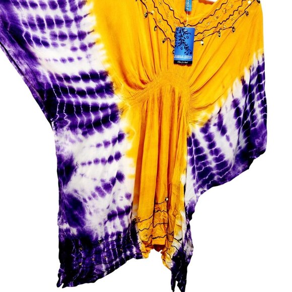 Handmade Aqua Blue Tie-Dye Caftan Top Beaded Flowy Draped Design One Size Fits - Picture 7 of 9